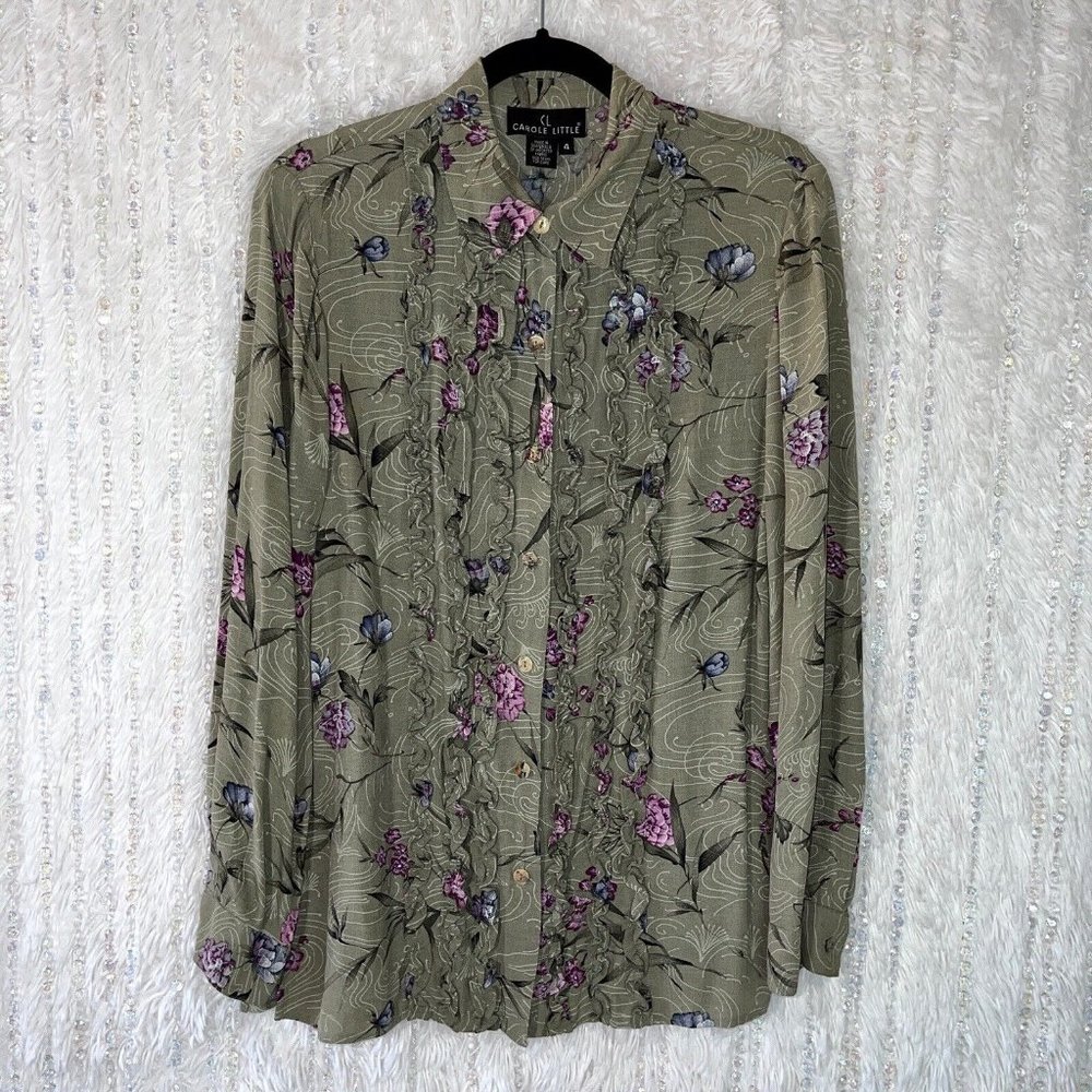 Vintage Carol Little Button Up Shirt Women’s Size 4 Green Floral Ruffle Front